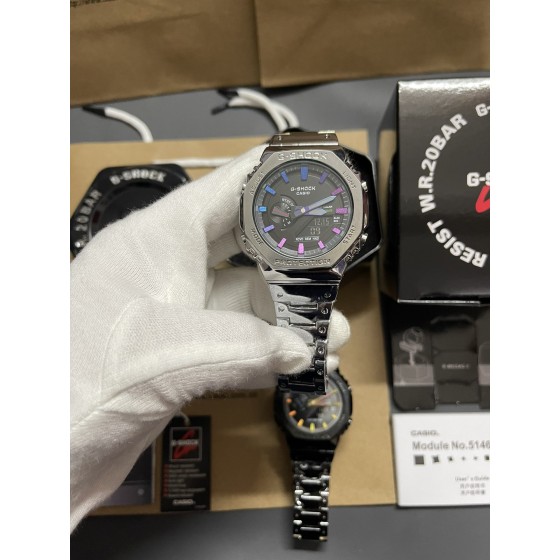 新款金属八角冰蓝精灵钢带系列
型号GM-B2100
功能：太阳能，秒表（精确到1/1000秒）世